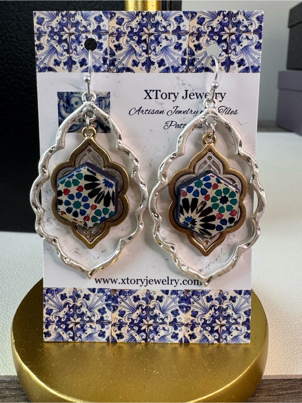 Multicolor Mosaic Drop Earrings in Silver Tone - SKU G